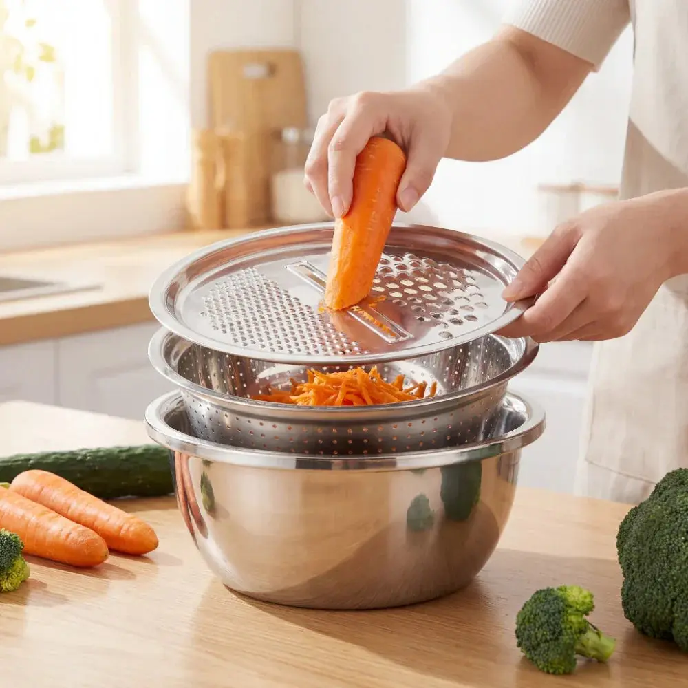 3-Piece Mixing Bowl Set in Stainless Steel with Grater and Sieve - Image 8