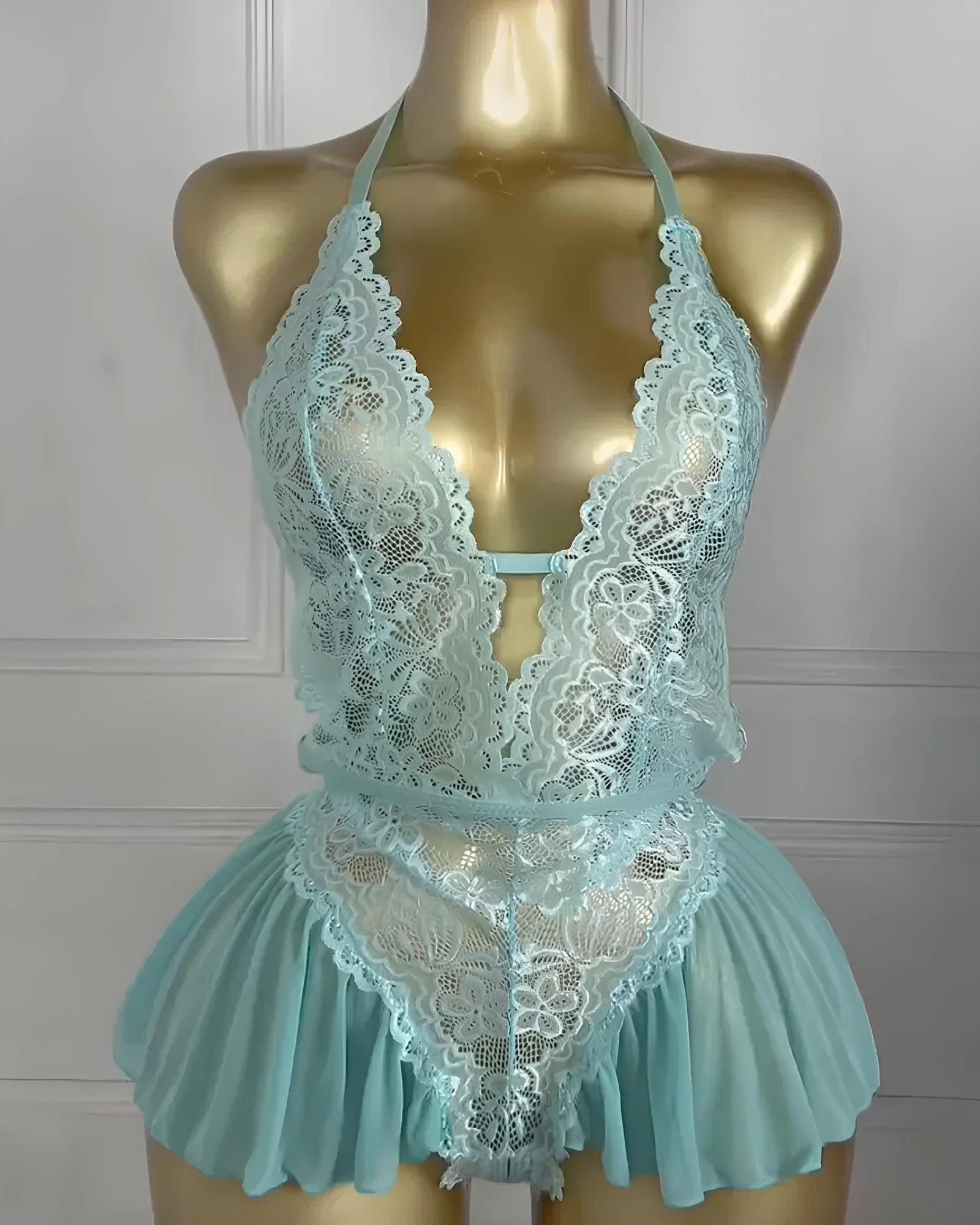 ArdentMist™ – Floral Lace Halter Babydoll with Sheer Mesh Skirt - Image 10