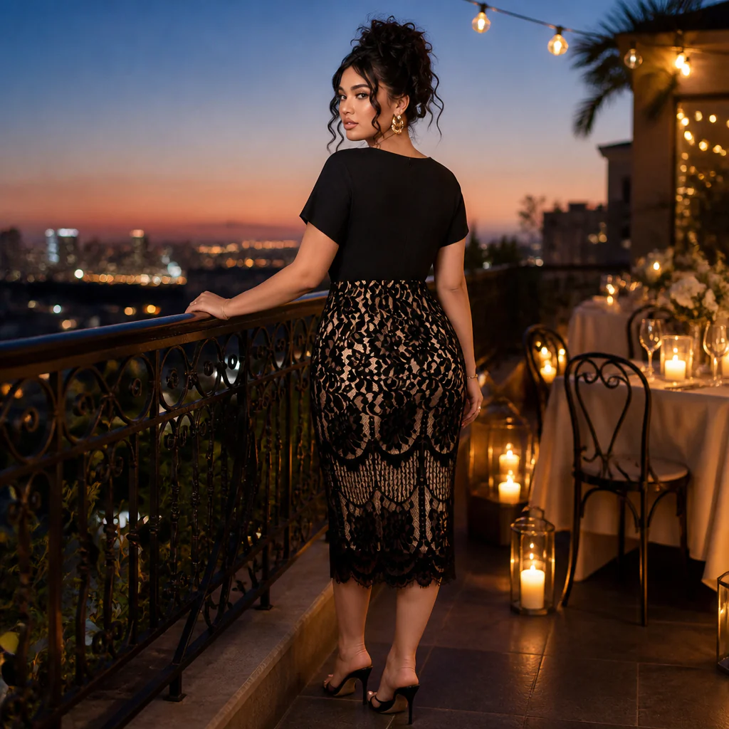 AriaLuxe™ – Curve-Defining Lace Midi Dress with V-Neck Wrap Bodice - Image 2
