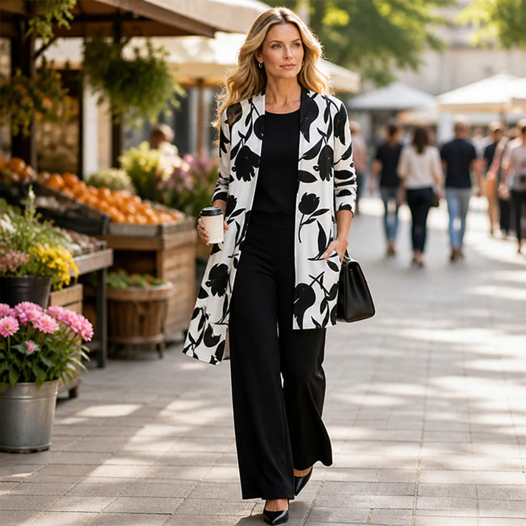 AuraLuxe™ – Elegant Floral Cardigan & Wide-Leg Pant 3-Piece Set - Image 2