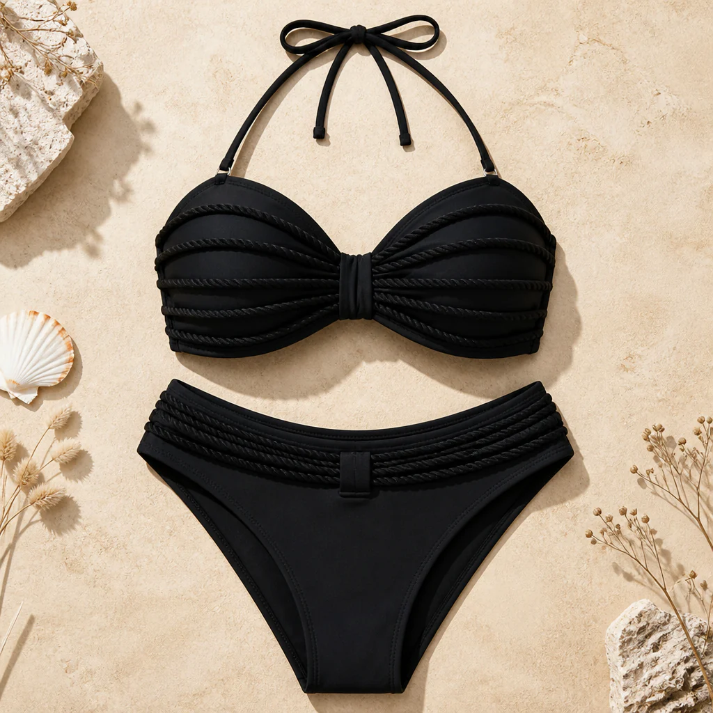 AuraTide™ – Rope-Textured Halter Bikini Set with Adjustable Tie-Back - Image 4
