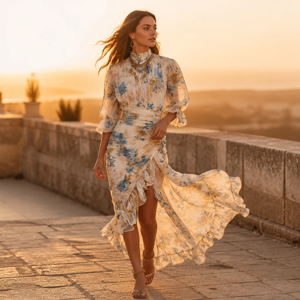 BlossomAura™ – Vintage Floral Maxi Dress with Smocked Waist & Ruffled Hem - Image 2