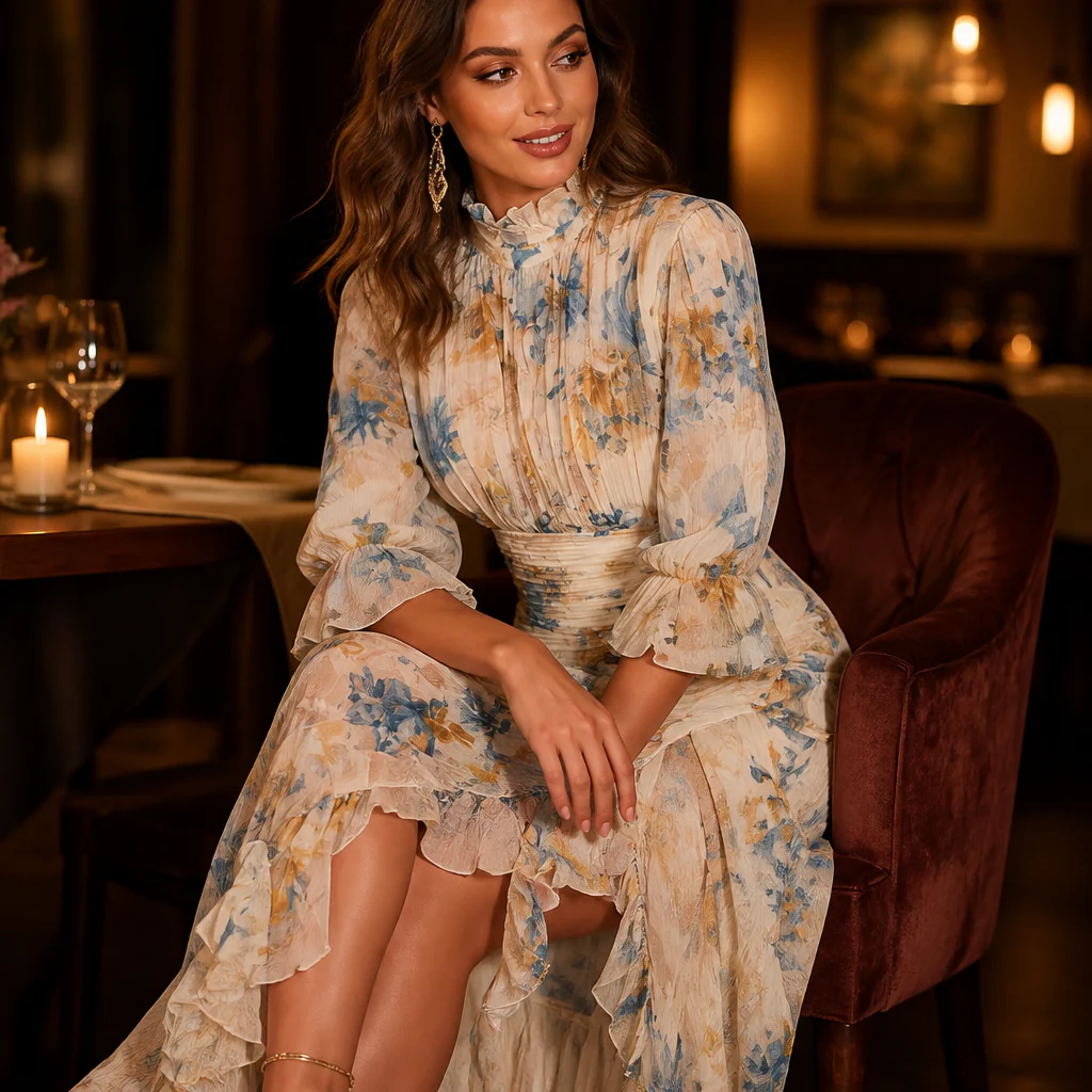 BlossomAura™ – Vintage Floral Maxi Dress with Smocked Waist & Ruffled Hem - Image 3