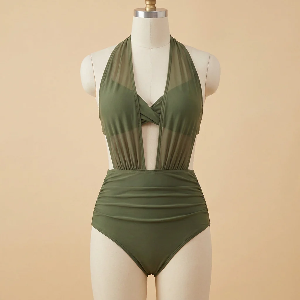 BrazaShield™ – Sculpting Mesh Halter Swimsuit with Twist-Front & Ruched High Waist - Image 3