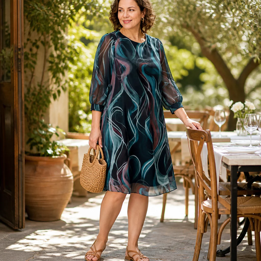 BreeziLuxe™ – Flowy Abstract Print Dress with Lantern Sleeves - Image 2
