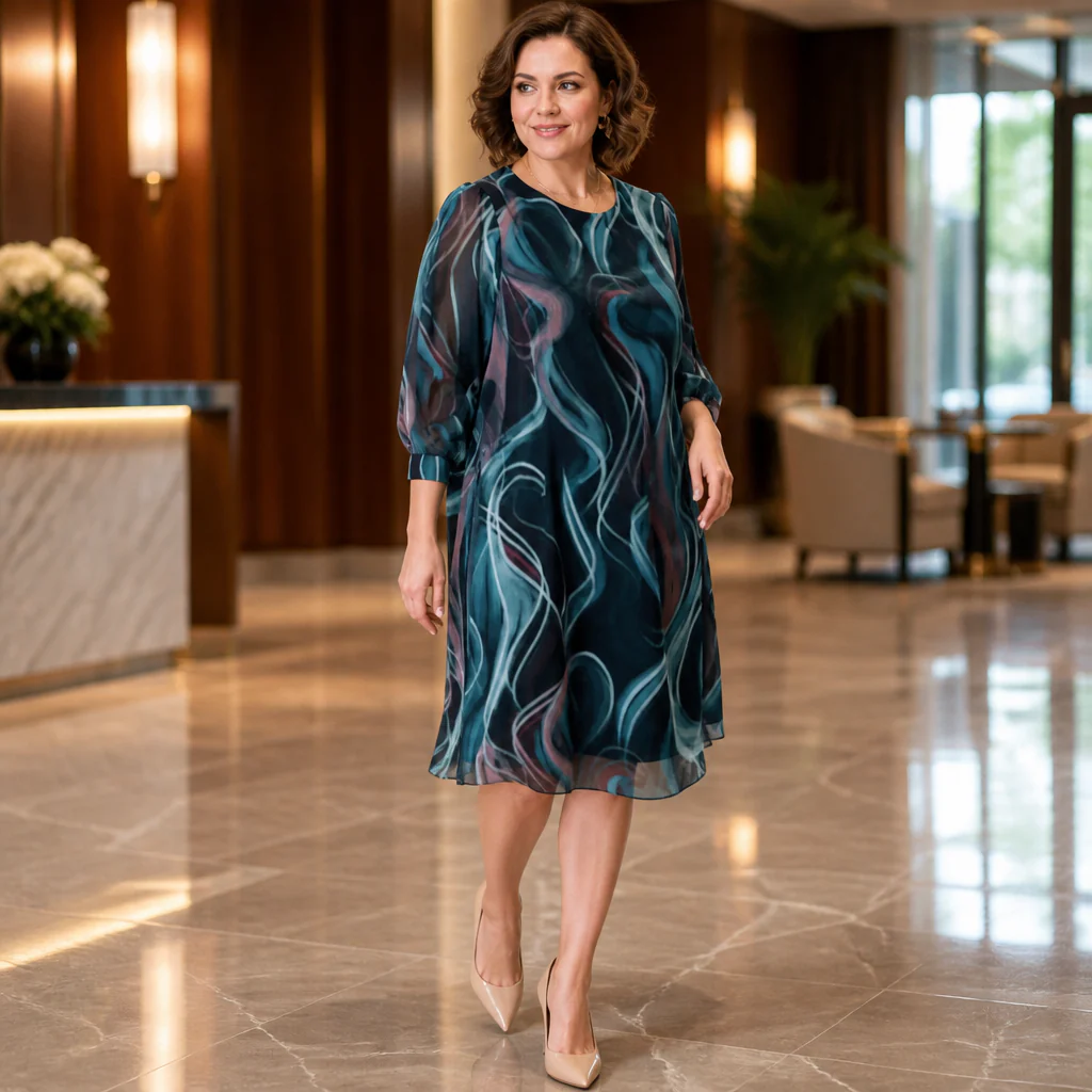 BreeziLuxe™ – Flowy Abstract Print Dress with Lantern Sleeves - Image 3