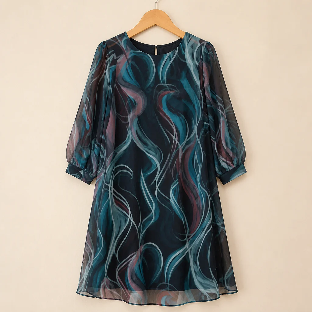BreeziLuxe™ – Flowy Abstract Print Dress with Lantern Sleeves - Image 4