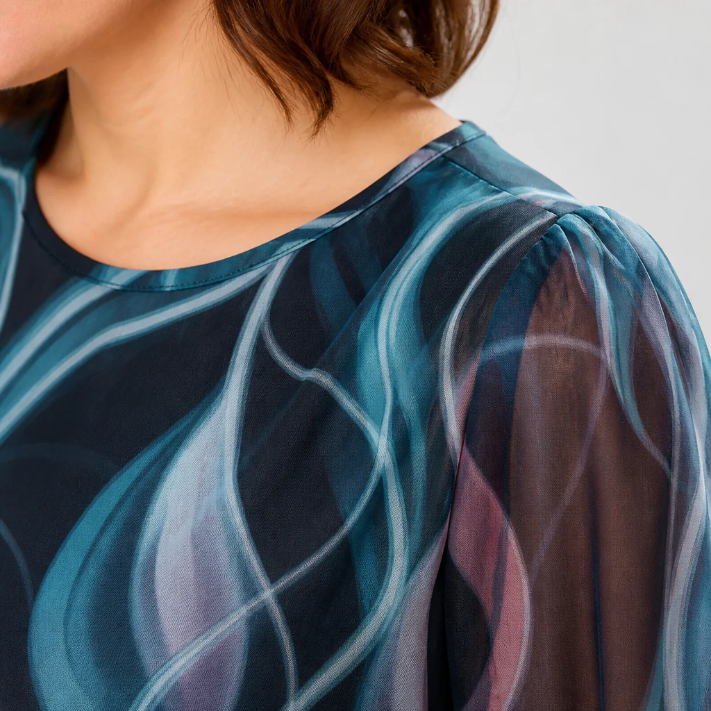 BreeziLuxe™ – Flowy Abstract Print Dress with Lantern Sleeves - Image 7