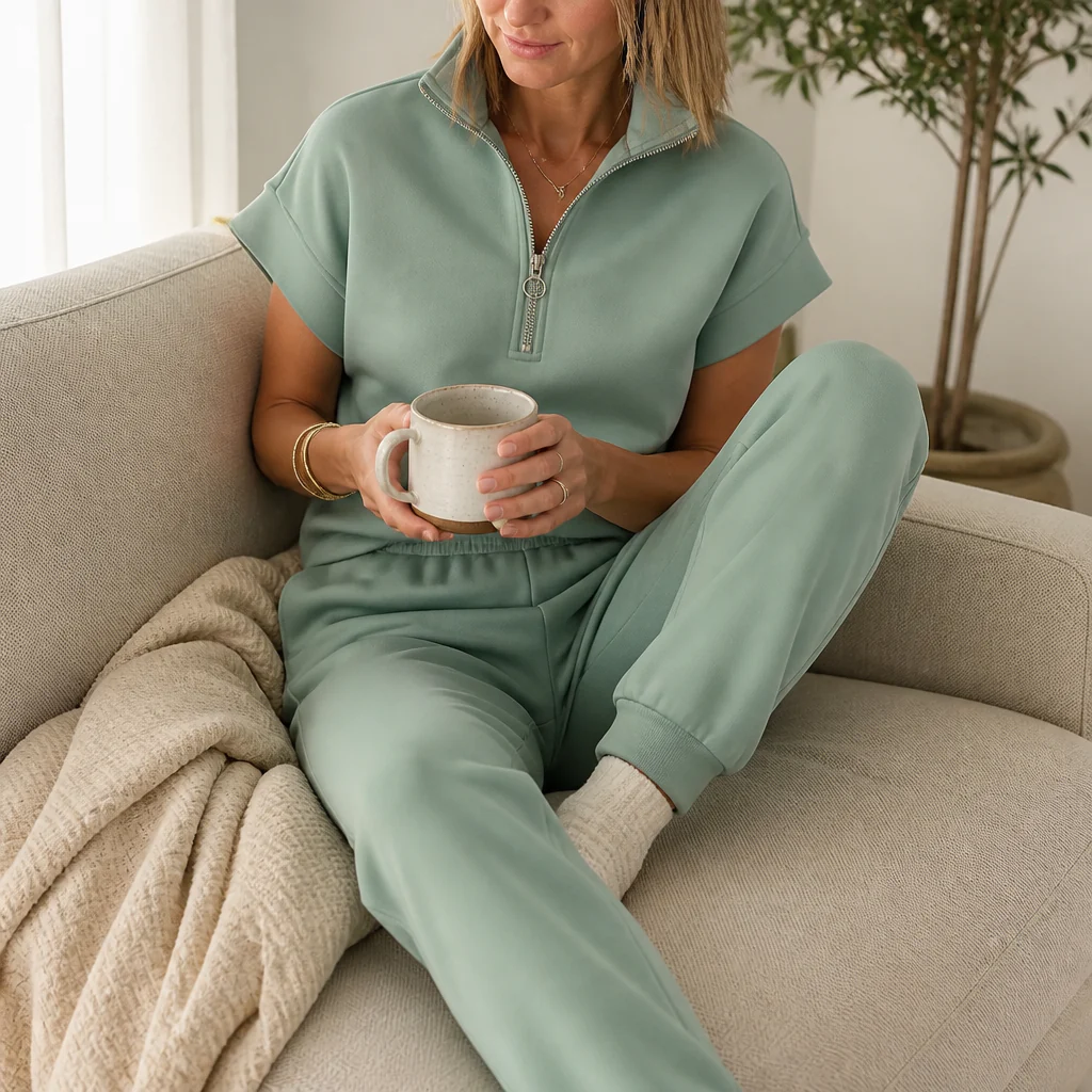 Avelle™ – Relaxed Cap-Sleeve Quarter-Zip Lounge Set with Tapered Joggers - Image 2
