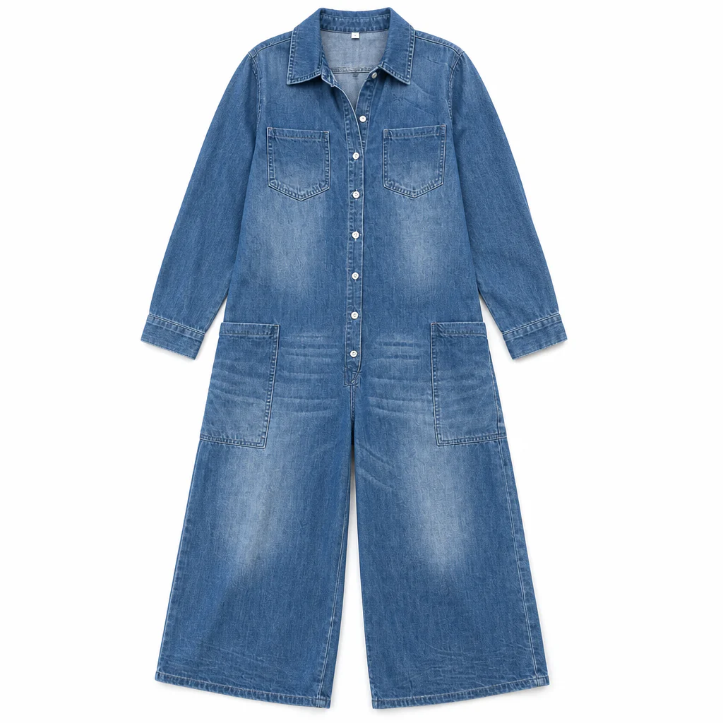 Flowease™ – Relaxed Wide-Leg Denim Jumpsuit with Button-Front Top - Image 8