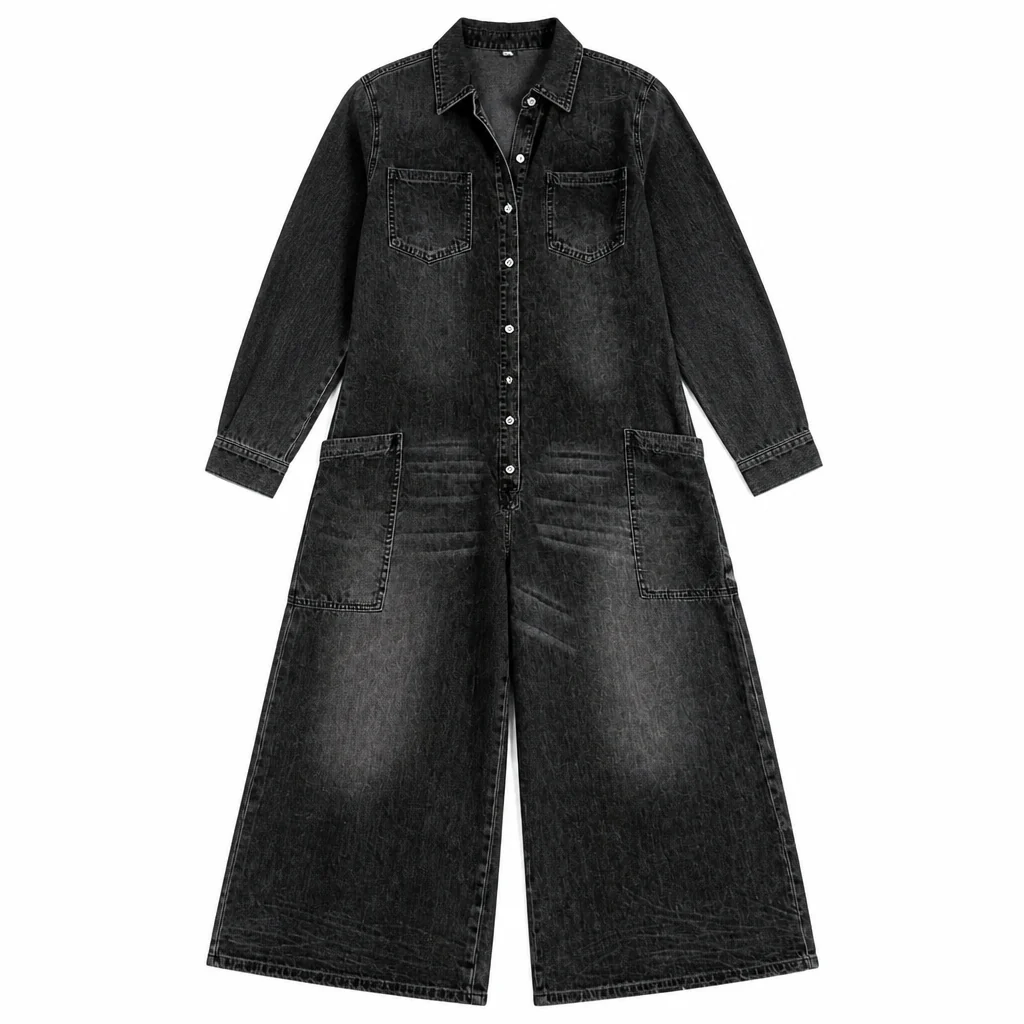 Flowease™ – Relaxed Wide-Leg Denim Jumpsuit with Button-Front Top - Image 9