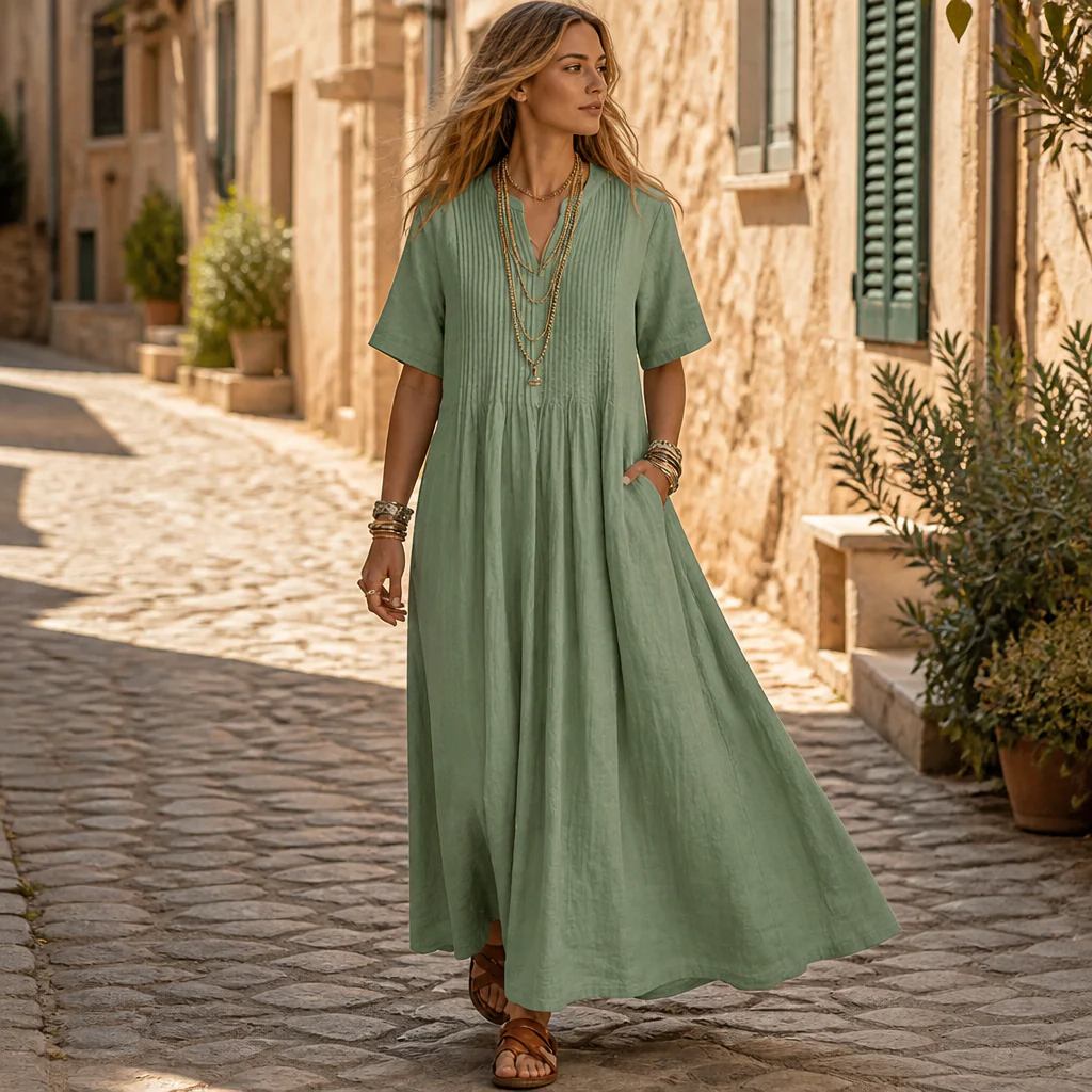 LioraBelle™ – Relaxed Pintuck Linen Maxi Dress with Pockets - Image 2