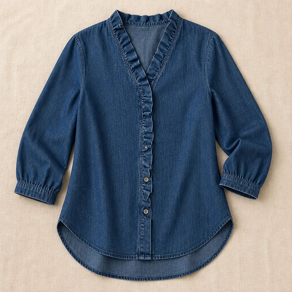 Brielle™ – Soft Chambray Ruffle V-Neck Shirt with High-Low Hem - Image 4