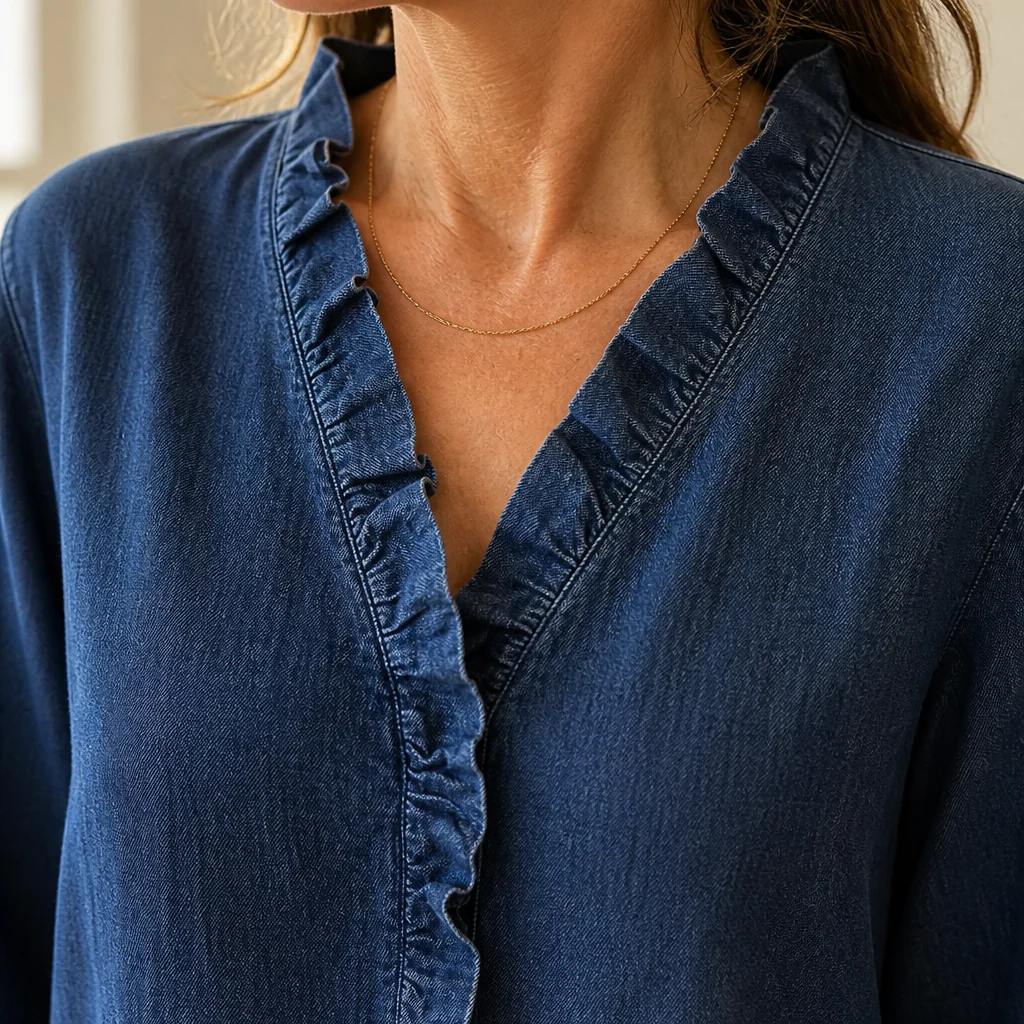 Brielle™ – Soft Chambray Ruffle V-Neck Shirt with High-Low Hem - Image 5
