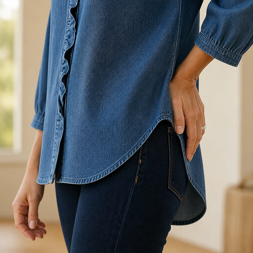 Brielle™ – Soft Chambray Ruffle V-Neck Shirt with High-Low Hem - Image 7