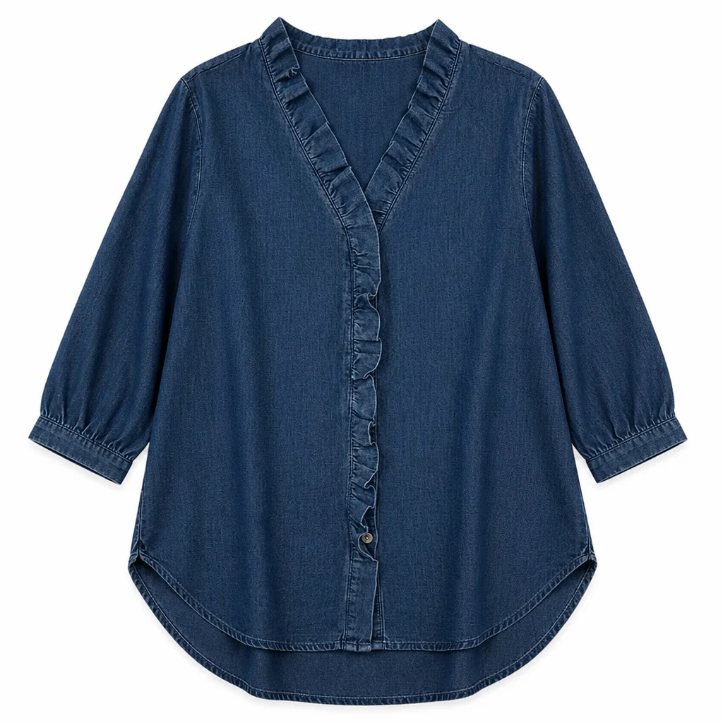 Brielle™ – Soft Chambray Ruffle V-Neck Shirt with High-Low Hem - Image 8
