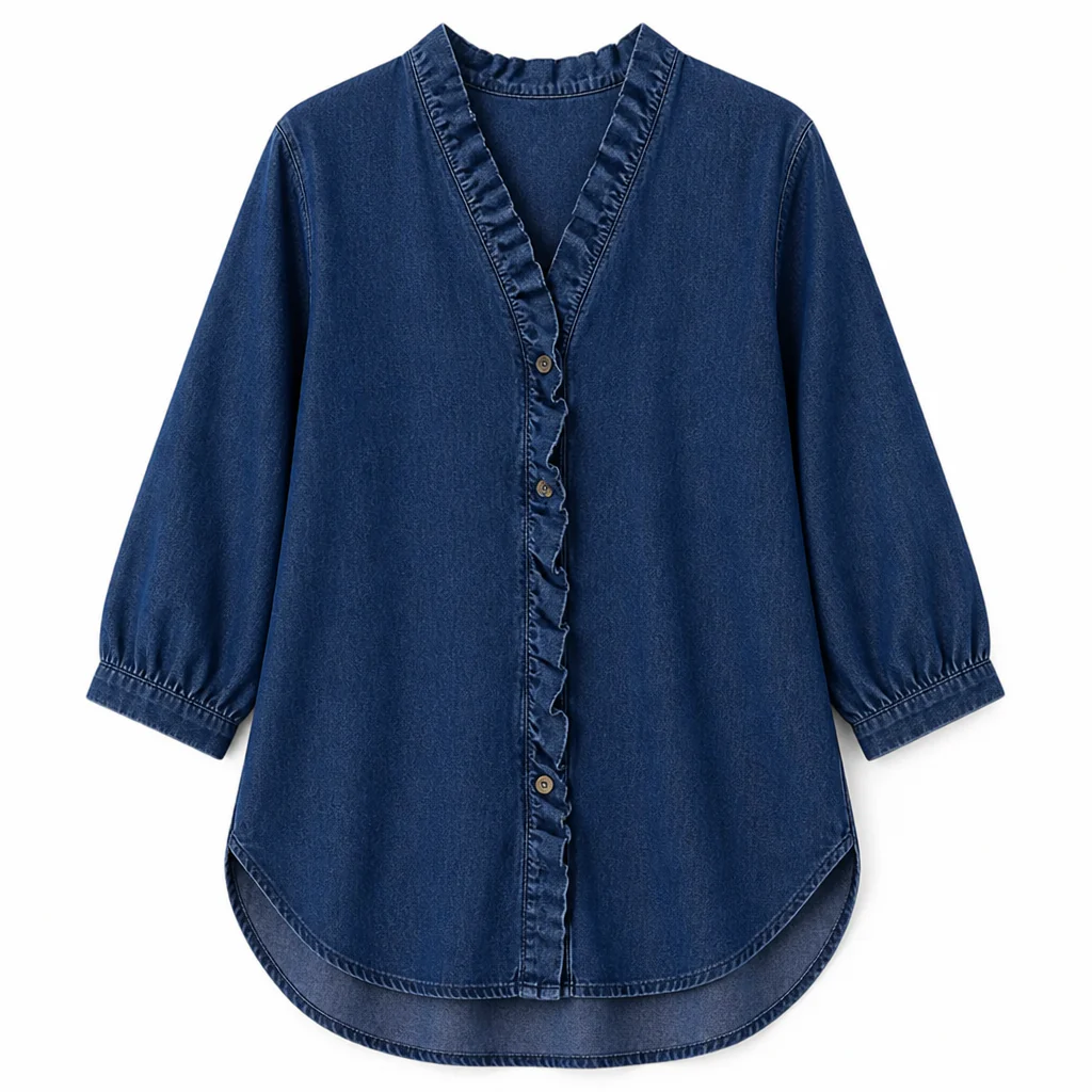Brielle™ – Soft Chambray Ruffle V-Neck Shirt with High-Low Hem - Image 9