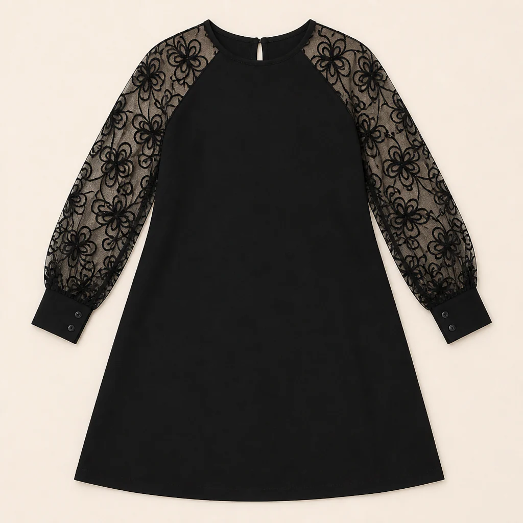 LioraMuse™ – Elegant Floral Lace Sleeve A-Line Dress - Image 4