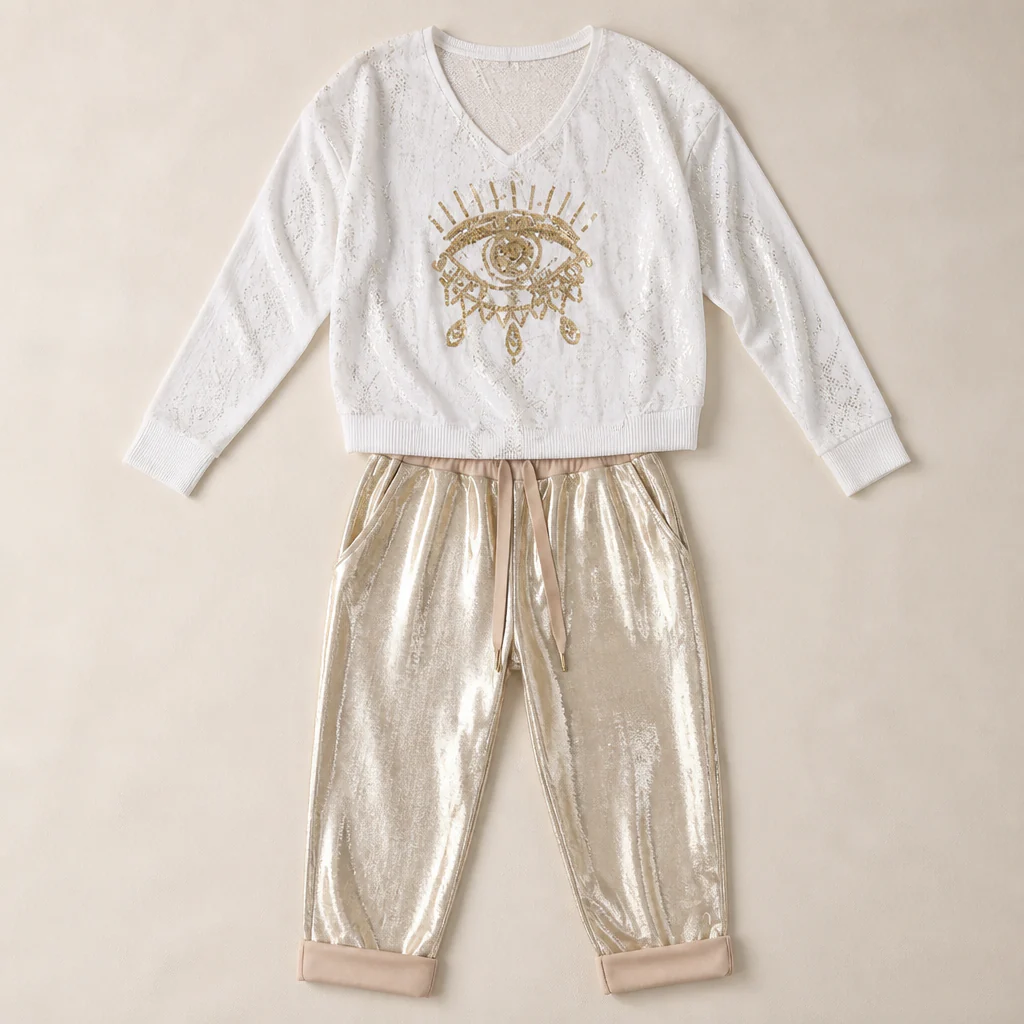 LumaPulse™ – Sequined Eye Top with Metallic Drawstring Pant Set - Image 4