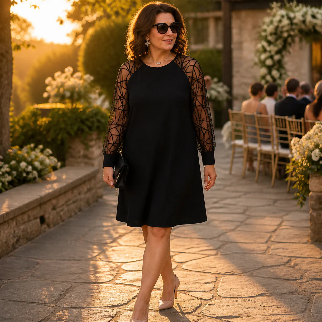 LumaraMist™ – Elegant Mesh Sleeve A-Line Tunic Dress - Image 2