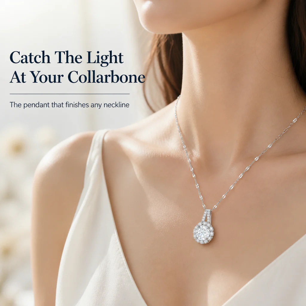 LumaRay™ – Brilliant-Cut Floral Halo Pendant Necklace in Sterling Silver