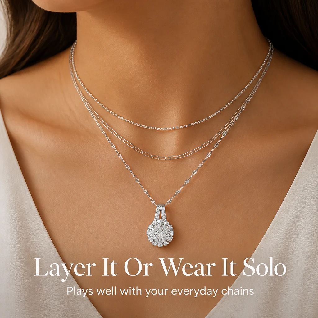 LumaRay™ – Brilliant-Cut Floral Halo Pendant Necklace in Sterling Silver - Image 6