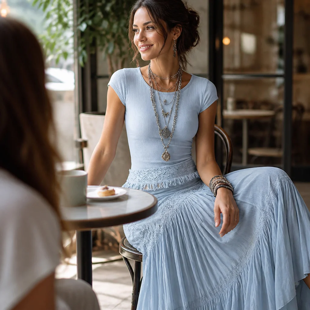 LumaSeren™ – Boho Two-Piece Set with Lace-Panel Tiered Maxi Skirt - Image 3