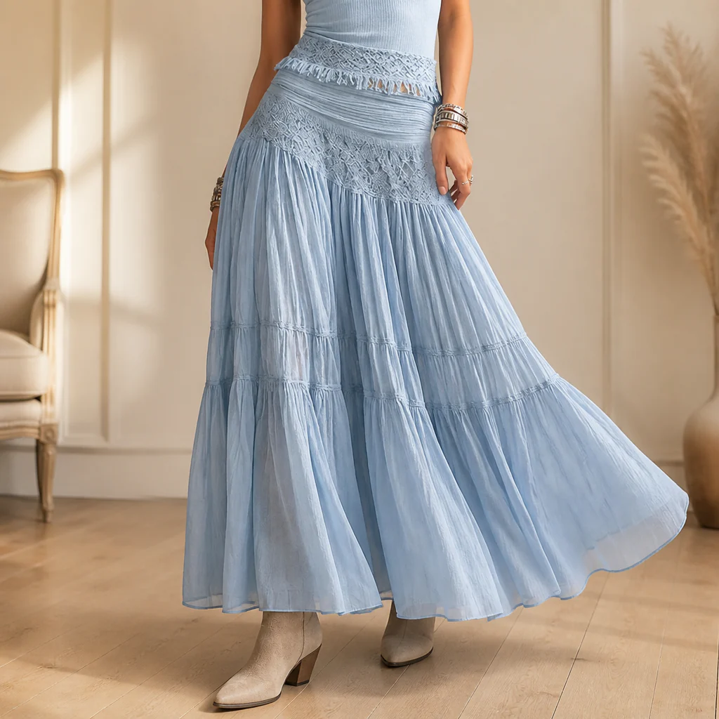 LumaSeren™ – Boho Two-Piece Set with Lace-Panel Tiered Maxi Skirt - Image 6