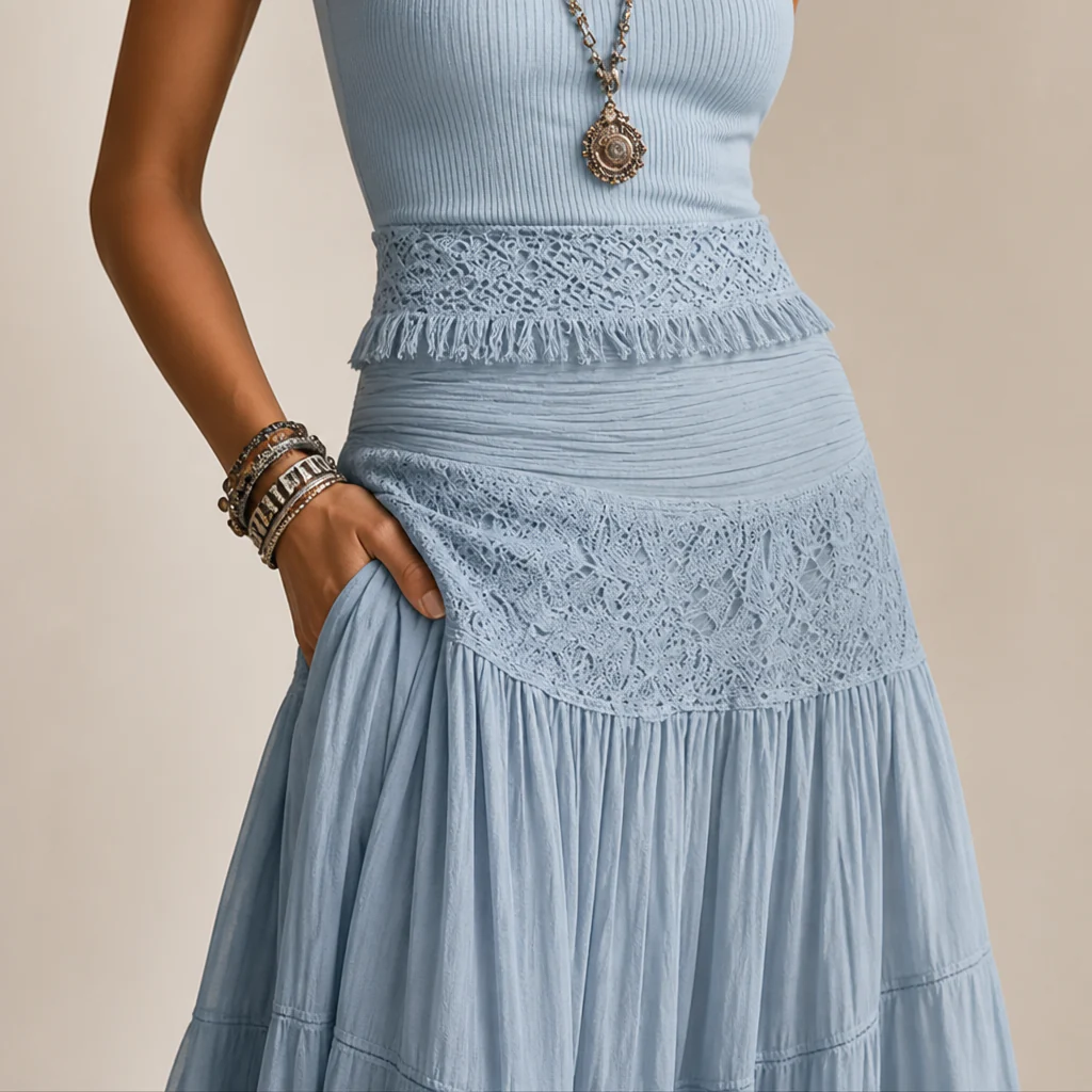 LumaSeren™ – Boho Two-Piece Set with Lace-Panel Tiered Maxi Skirt - Image 7