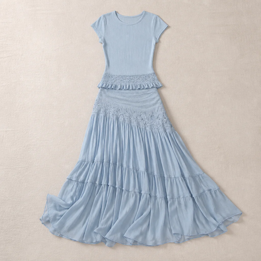 LumaSeren™ – Boho Two-Piece Set with Lace-Panel Tiered Maxi Skirt - Image 9
