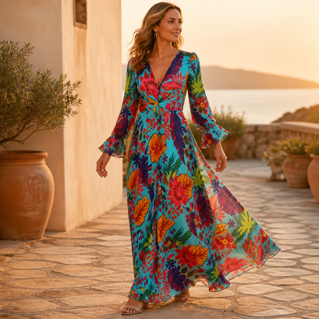 Lumiara™ – Vibrant Floral V-Neck Maxi Dress with Flared Sleeves - Image 2