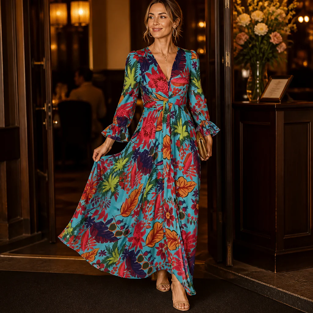 Lumiara™ – Vibrant Floral V-Neck Maxi Dress with Flared Sleeves - Image 3