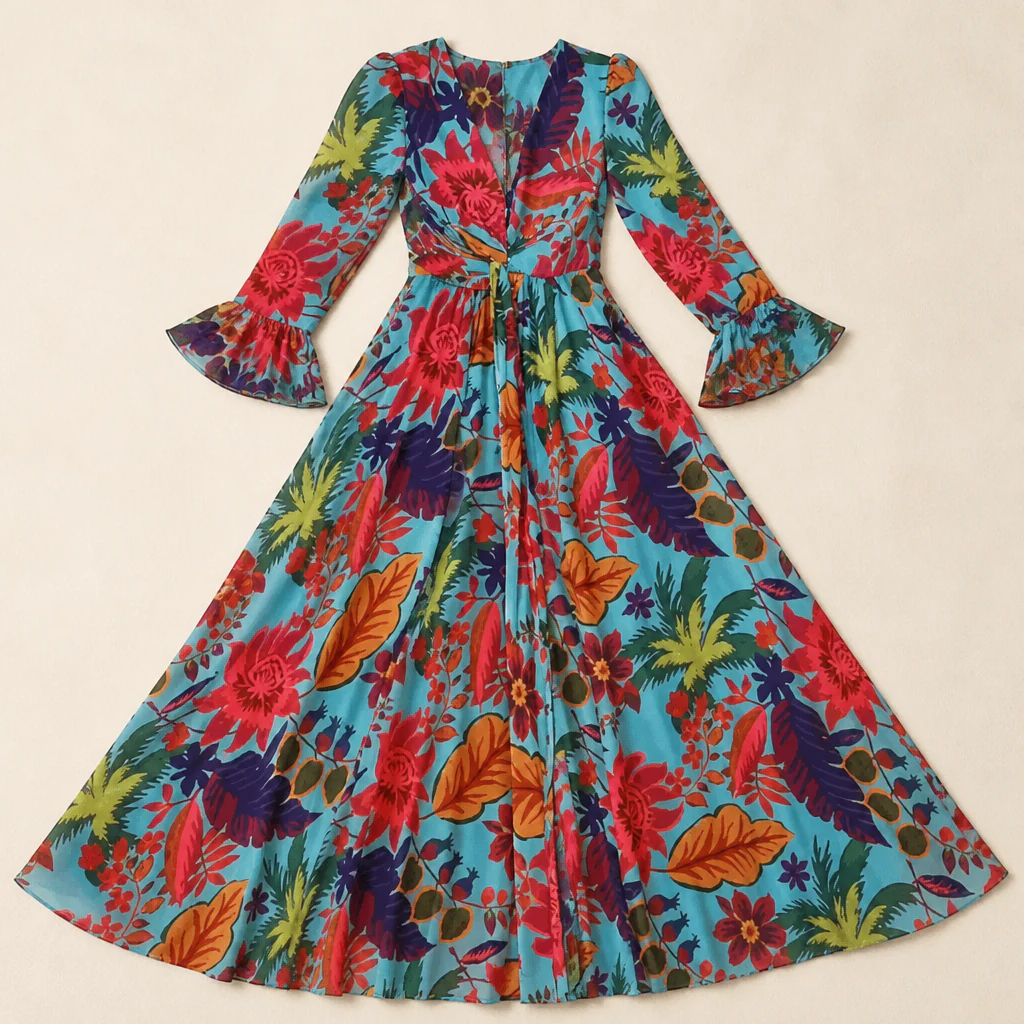 Lumiara™ – Vibrant Floral V-Neck Maxi Dress with Flared Sleeves - Image 4