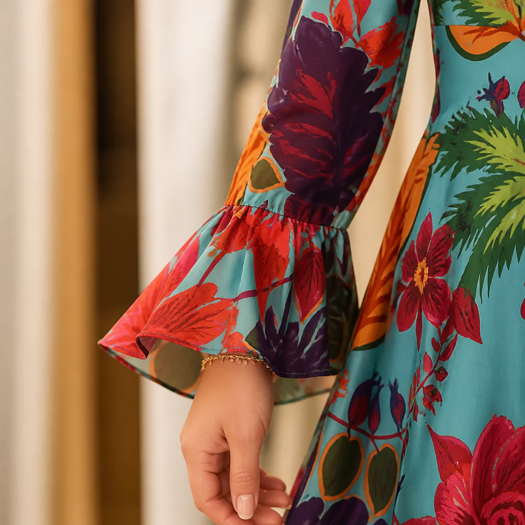 Lumiara™ – Vibrant Floral V-Neck Maxi Dress with Flared Sleeves - Image 6