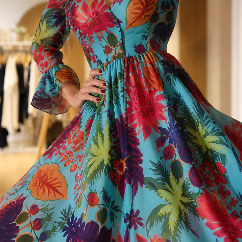 Lumiara™ – Vibrant Floral V-Neck Maxi Dress with Flared Sleeves - Image 7