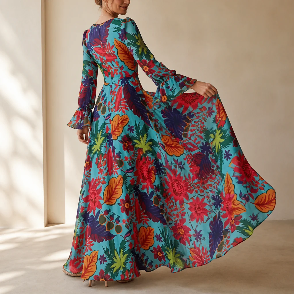 Lumiara™ – Vibrant Floral V-Neck Maxi Dress with Flared Sleeves - Image 8