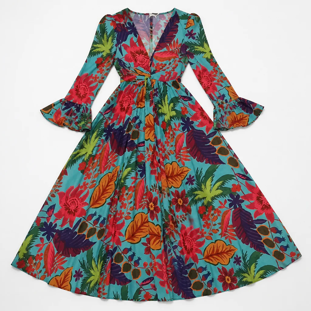 Lumiara™ – Vibrant Floral V-Neck Maxi Dress with Flared Sleeves - Image 9