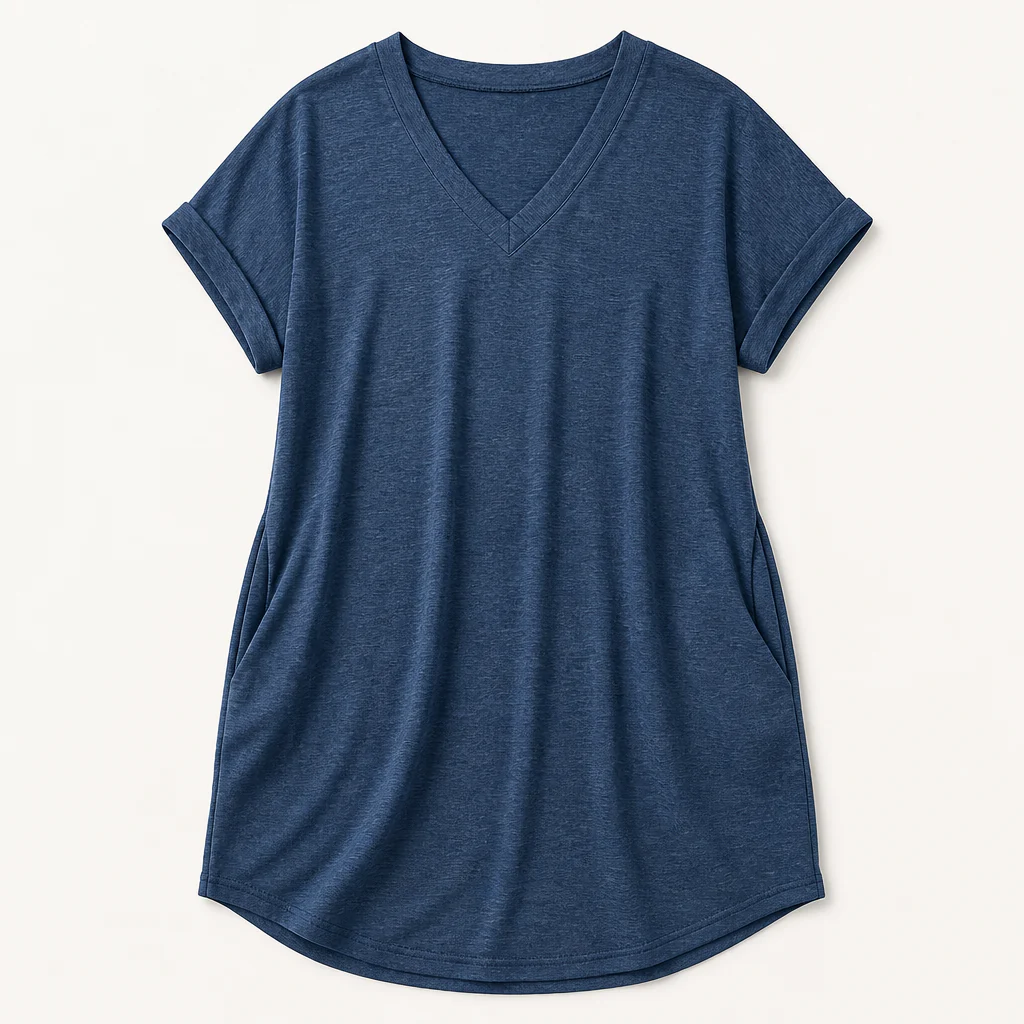 LumiBella™ – Soft Relaxed V-Neck T-Shirt Dress with Side Pockets - Image 9