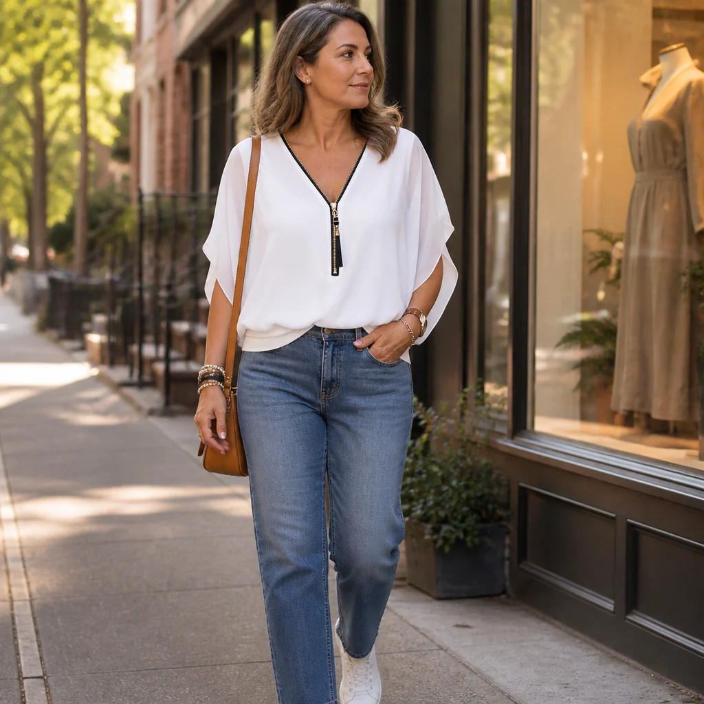 LuminaFlex™ – Flowy Chiffon V-Neck Blouse with Zip Detail - Image 3