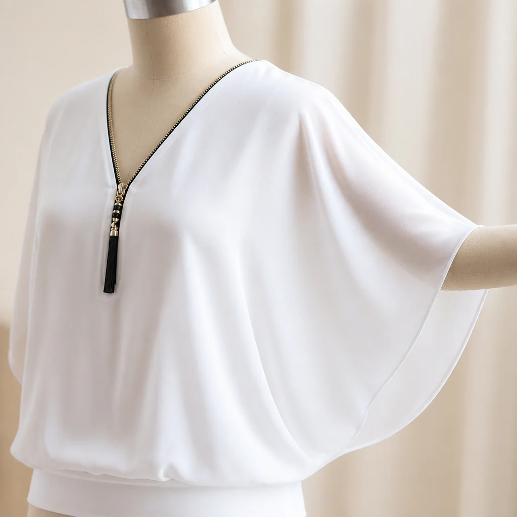 LuminaFlex™ – Flowy Chiffon V-Neck Blouse with Zip Detail - Image 6