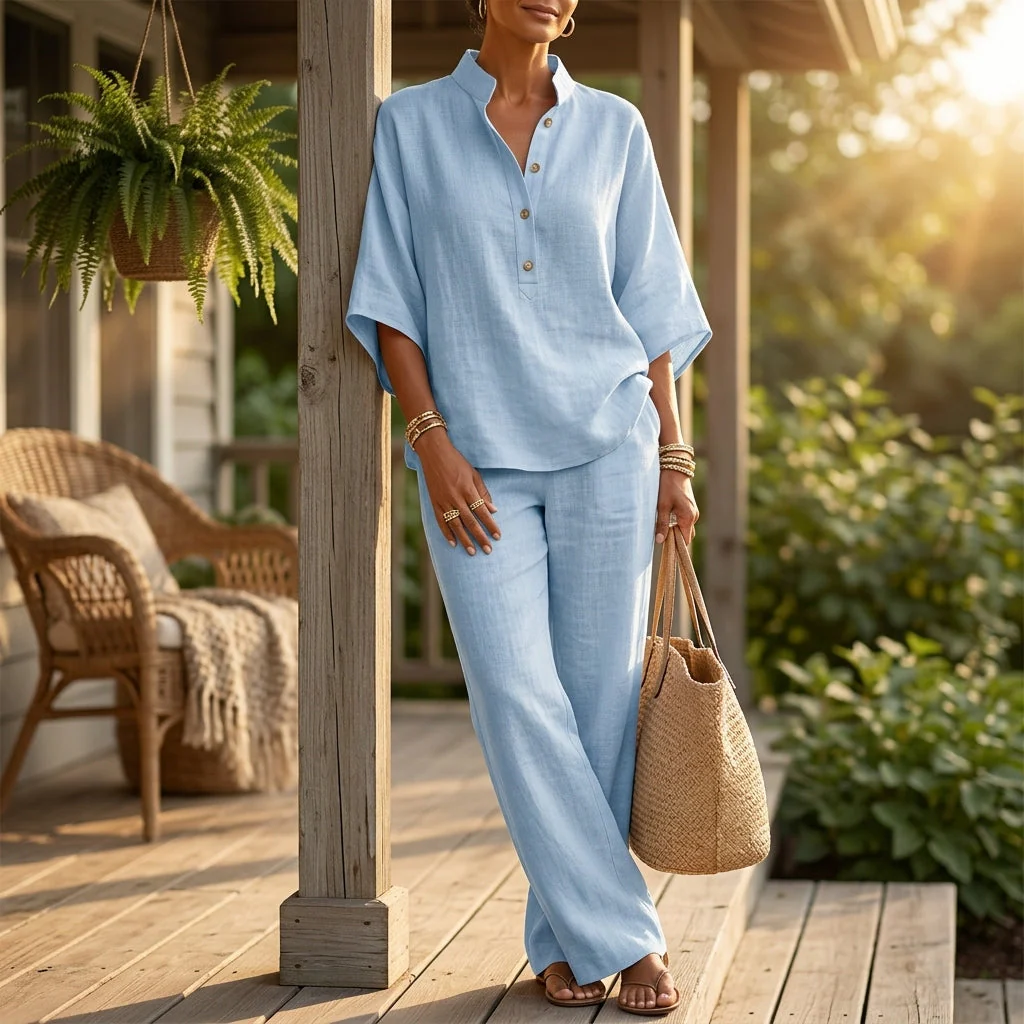 VeraLuxe™ – Relaxed Linen Two-Piece Set with Wide-Leg Pants - Image 3
