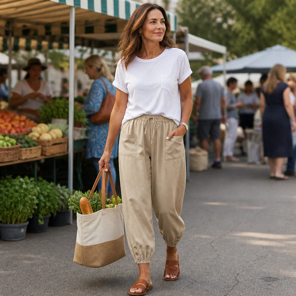 LunaEase™ – Soft Cotton-Linen Cropped Pants with Button-Cuff Hem - Image 2