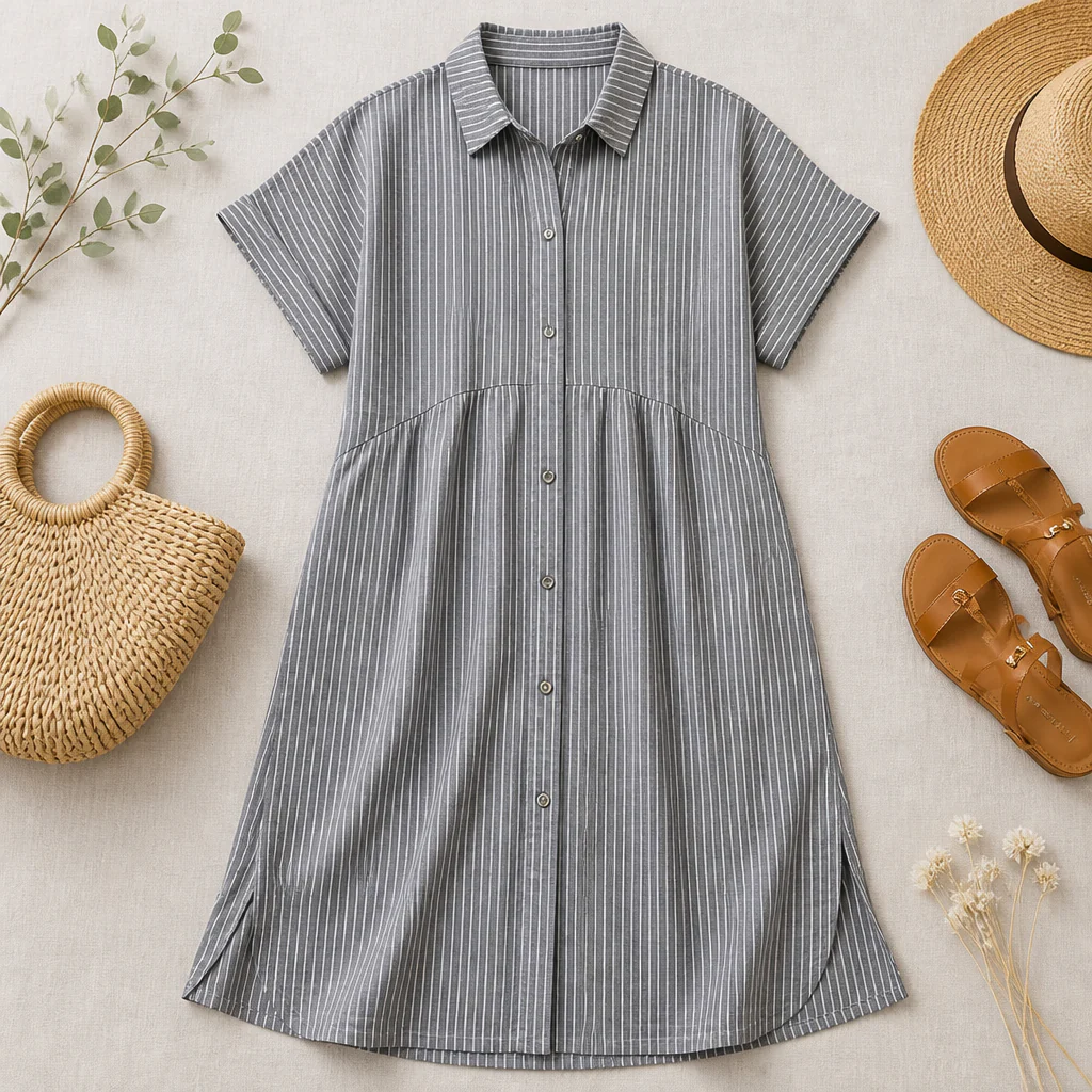 LunaVerve™ – Breezy Striped Button-Front Midi Shirt Dress - Image 11