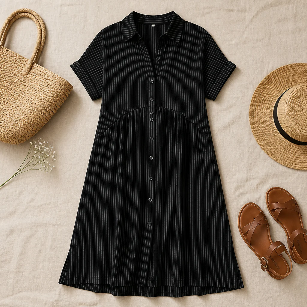 LunaVerve™ – Breezy Striped Button-Front Midi Shirt Dress - Image 12