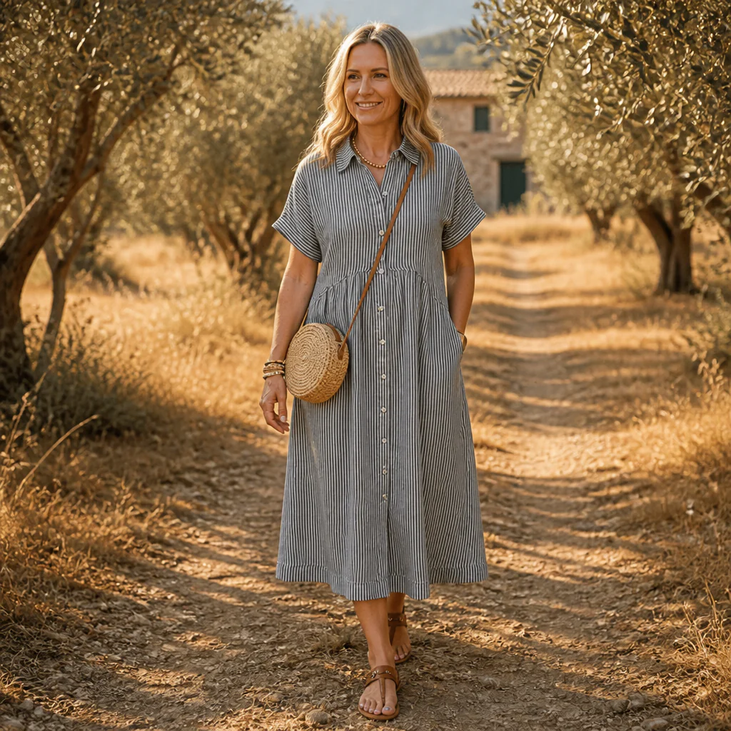 LunaVerve™ – Breezy Striped Button-Front Midi Shirt Dress - Image 3
