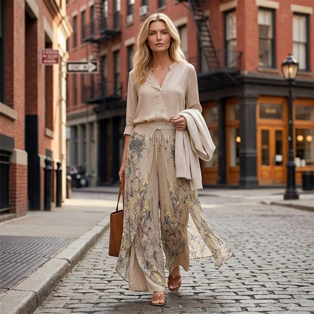 VeloraEase™ – Breezy Printed Wide-Leg Pants with Petal-Wrap Hem - Image 2