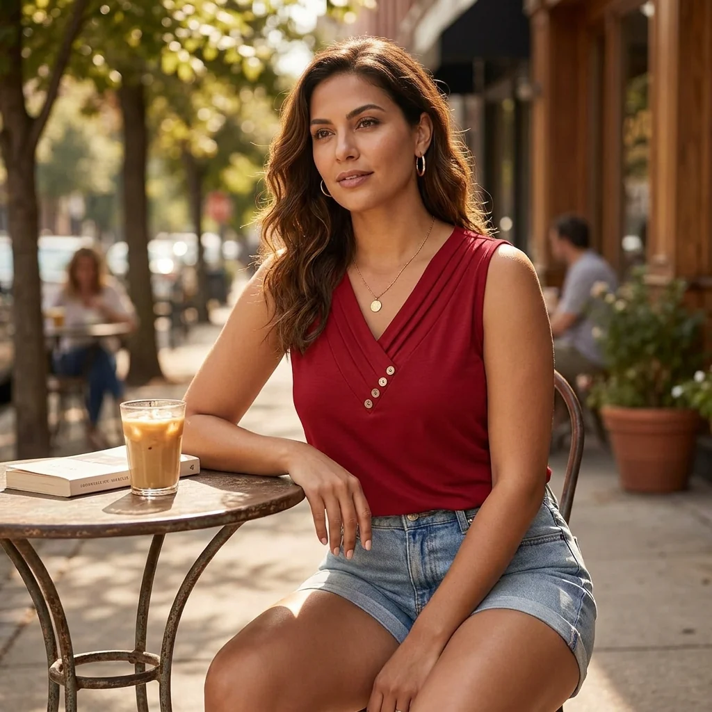 Liora™ – Pleated Wrap V-Neck Tank with Wooden Button Trim