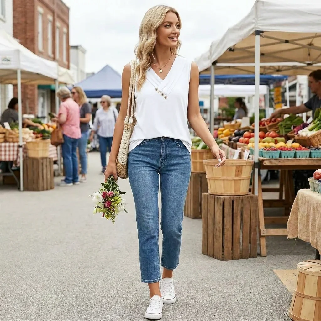 Liora™ – Pleated Wrap V-Neck Tank with Wooden Button Trim - Image 2