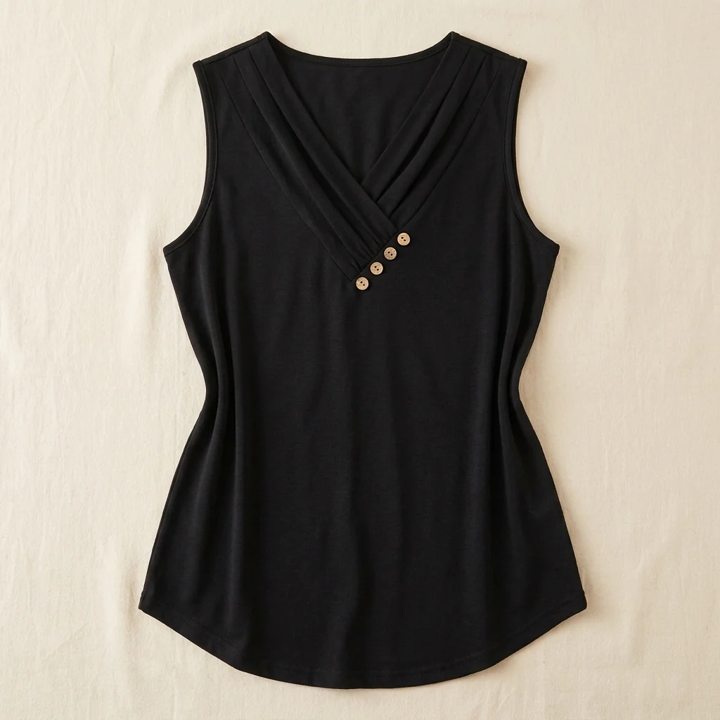 Liora™ – Pleated Wrap V-Neck Tank with Wooden Button Trim - Image 4