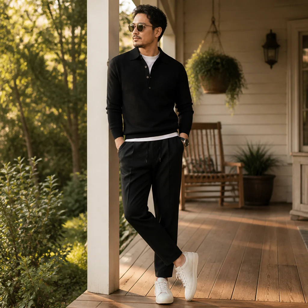 LuxeWave™ – Fine-Knit Long-Sleeve Polo with Three-Button Placket - Image 3